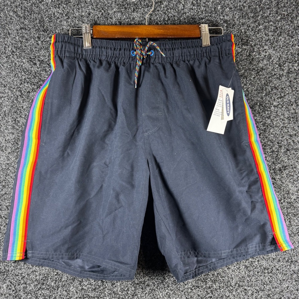 Old‎ Navy Mens Swim Trunks Black Rainbow Side Stripe Mesh Lined UPF 40+ New